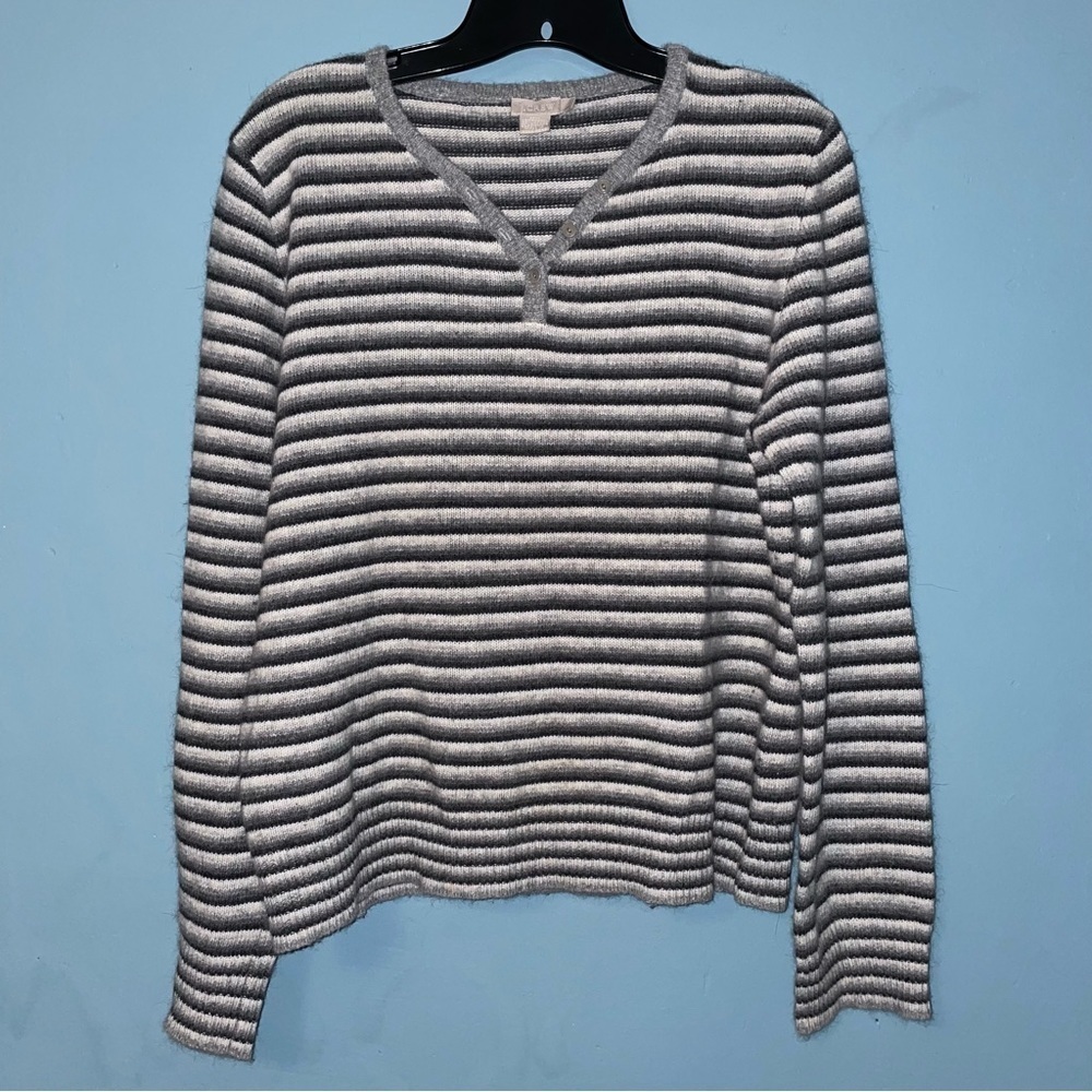 J.Crew Lambswool and Angora Striped V-Neck Button Neck Sweater Size Large